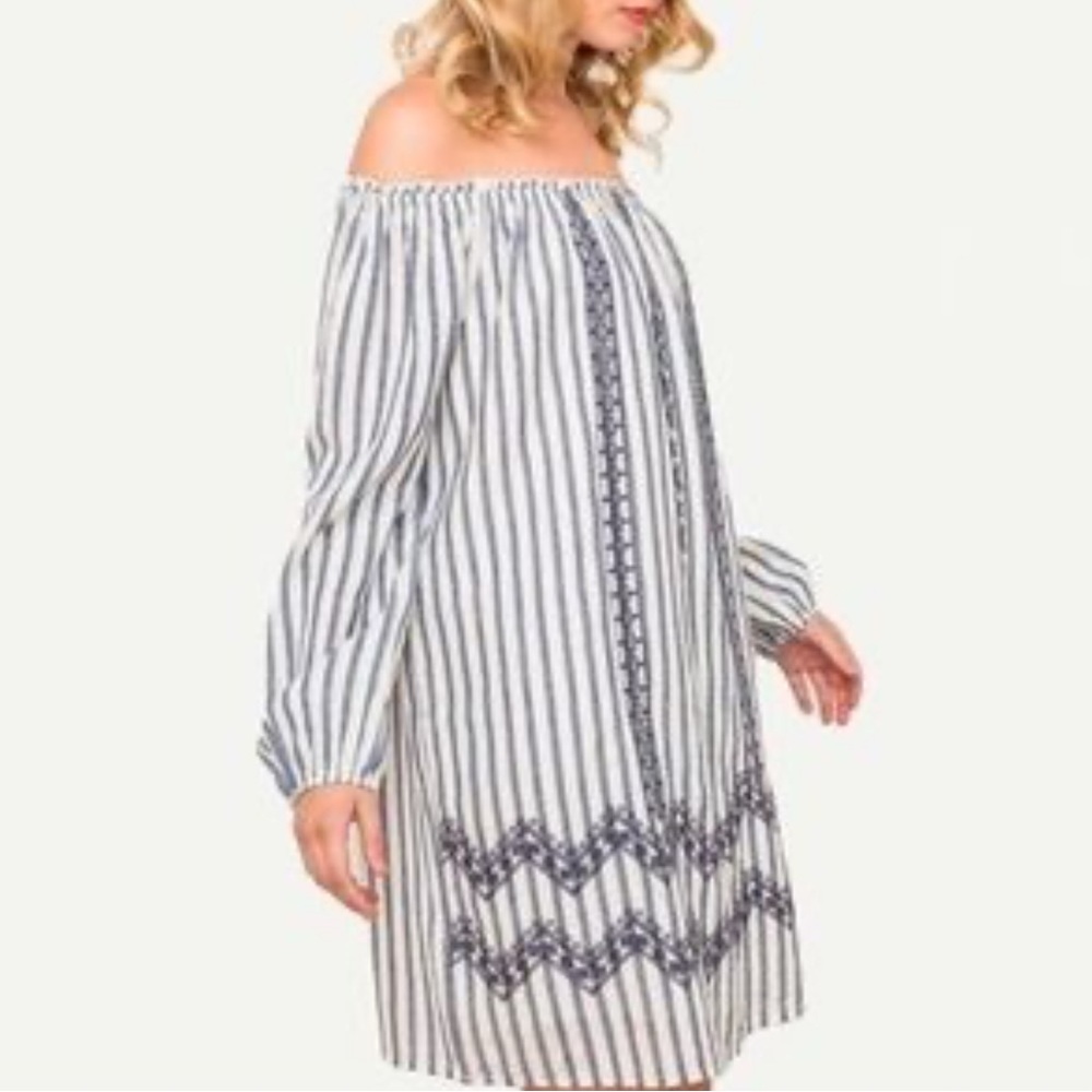 NWT MYSTREE S boho off shoulder swing Peasant Stripe dress